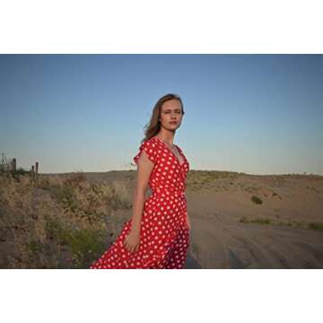 GRECERELLE Women's Summer Floral Print Cross V Neck Dress Bohemian Flowy Long Maxi Dress PD-Red-Small