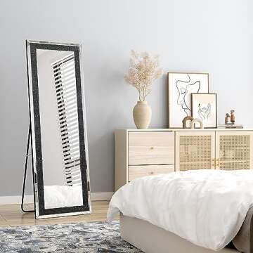 MUAUSU Full Length Floor Mirror Crushed Diamond Full Body Mirror Silver Long Standing Mirror for Bedroom Living Room Bathroom Wall Mounted