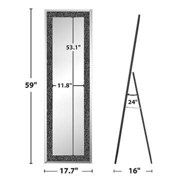 MUAUSU Full Length Floor Mirror Crushed Diamond Full Body Mirror Silver Long Standing Mirror for Bedroom Living Room Bathroom Wall Mounted