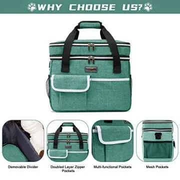 BAGLHER Dog Travel Bag for Supplies - Double-Layer Airline Approved Weekend Pet Travel Organizer Set for Dog and Cat Tote with 2 Pet Food Containers and 2 Collapsible Silicone Bowls Green