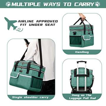 BAGLHER Dog Travel Bag for Supplies - Double-Layer Airline Approved Weekend Pet Travel Organizer Set for Dog and Cat Tote with 2 Pet Food Containers and 2 Collapsible Silicone Bowls Green