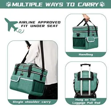 BAGLHER Dog Travel Bag for Supplies - Double-Layer Airline Approved Weekend Pet Travel Organizer Set for Dog and Cat Tote with 2 Pet Food Containers and 2 Collapsible Silicone Bowls Green