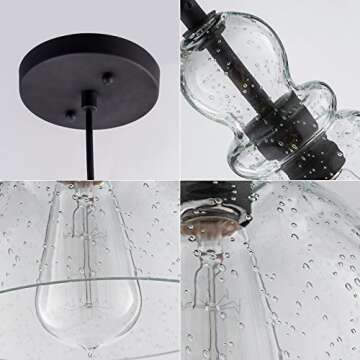 LANROS Industrial Mini Pendant Lighting with Handblown Clear Seeded Glass Shade, Adjustable Cord Farmhouse Lamp Ceiling Pendant Light Fixture for Kitchen Island Restaurant, Black, 1 Pack