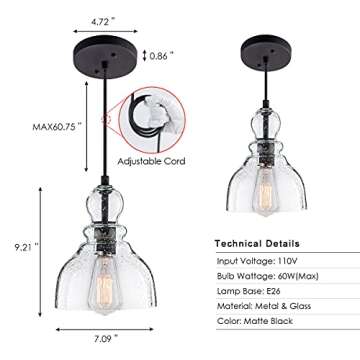 LANROS Industrial Mini Pendant Lighting with Handblown Clear Seeded Glass Shade, Adjustable Cord Farmhouse Lamp Ceiling Pendant Light Fixture for Kitchen Island Restaurant, Black, 1 Pack