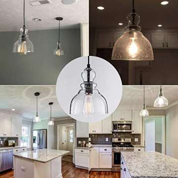 LANROS Industrial Mini Pendant Lighting with Handblown Clear Seeded Glass Shade, Adjustable Cord Farmhouse Lamp Ceiling Pendant Light Fixture for Kitchen Island Restaurant, Black, 1 Pack