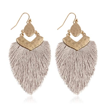 Bohemian Silky Thread Fan Fringe Tassel Statement Earrings - Lightweight Feather Shape Dangles