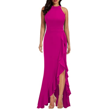 WOOSEA Women's High Neck Split Bodycon Mermaid Evening Cocktail Long Dress Magenta