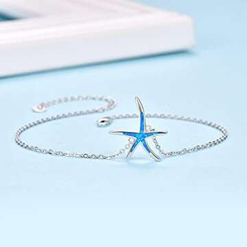 Starfish Ankle Bracelets Adjustable 925 Sterling Silver with Blue Fire Opal Foot Bracelets Beach Nau...