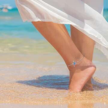 Starfish Ankle Bracelets Adjustable 925 Sterling Silver with Blue Fire Opal Foot Bracelets Beach Nautical Ocean Charm Jewelry Birthday Mother Day for Women Girlfriend