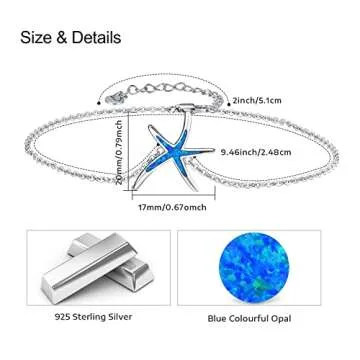 Starfish Ankle Bracelets Adjustable 925 Sterling Silver with Blue Fire Opal Foot Bracelets Beach Nautical Ocean Charm Jewelry Birthday Mother Day for Women Girlfriend