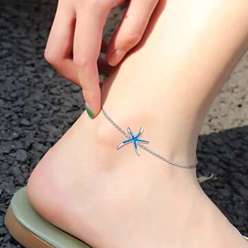 Starfish Ankle Bracelets Adjustable 925 Sterling Silver with Blue Fire Opal Foot Bracelets Beach Nautical Ocean Charm Jewelry Birthday Mother Day for Women Girlfriend