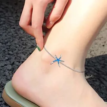 Starfish Ankle Bracelets Adjustable 925 Sterling Silver with Blue Fire Opal Foot Bracelets Beach Nautical Ocean Charm Jewelry Birthday Mother Day for Women Girlfriend