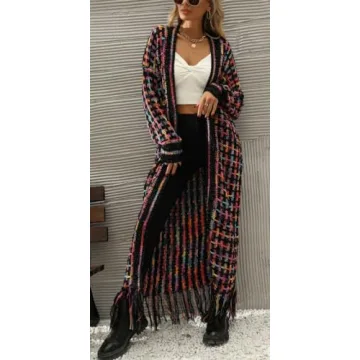 ELFTOWN Boho Rainbow Fringe Cardigan Sweater for Women