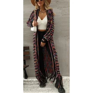 ELFTOWN Boho Rainbow Fringe Cardigan Sweater for Women