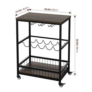 HITHOS Industrial Bar Carts for The Home, Mobile Bar Serving Cart, Wine Cart on Wheels, Beverage Cart with Wine Rack and Glass Holder, Rolling Drink Trolley for Living Room, Kitchen, Dark Brown
