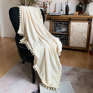 LOMAO Flannel Blanket with Pompom Fringe - Cozy & Lightweight All Season Throw (Ivory, 60x80)