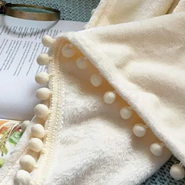 LOMAO Cozy Flannel Blanket with Pompom Fringe for All Season