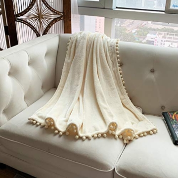 LOMAO Cozy Flannel Blanket with Pompom Fringe for All Season