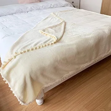 LOMAO Cozy Flannel Blanket with Pompom Fringe for All Season
