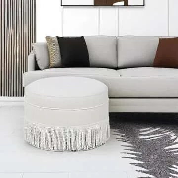 Jennifer Taylor Home Yolanda Upholstered Round Accent Ottoman, Alabaster Off White Tweed