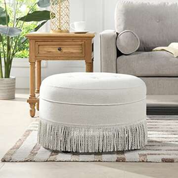 Jennifer Taylor Home Yolanda Upholstered Round Accent Ottoman, Alabaster Off White Tweed