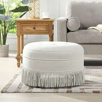 Jennifer Taylor Home Yolanda Upholstered Round Accent Ottoman, Alabaster Off White Tweed