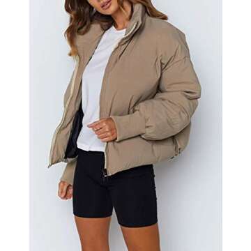 UANEO Puffer Jacket Womens Oversized Cropped Puffy Quilted Winter Jackets Coat (Khaki-L)