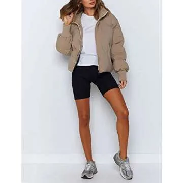 UANEO Puffer Jacket Womens Oversized Cropped Puffy Quilted Winter Jackets Coat (Khaki-L)