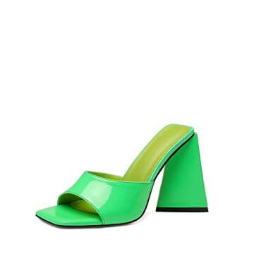 Keleimusi Women's Trendy Square Toe Block Heel Dress Mules Size 9 in Lime Patent Leather