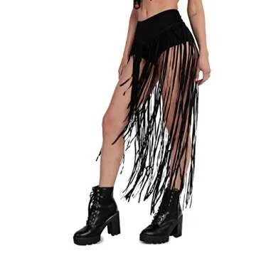 iHeartRaves Fierce High Waisted Fringe Skirt Cowgirl Festival Rave Bottoms Mini Skirt (Black, Medium)