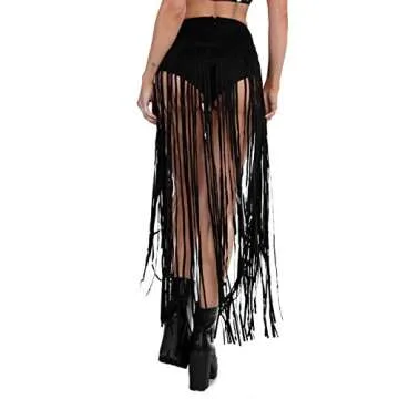 iHeartRaves Fierce High Waisted Fringe Skirt Cowgirl Festival Rave Bottoms Mini Skirt (Black, Medium)