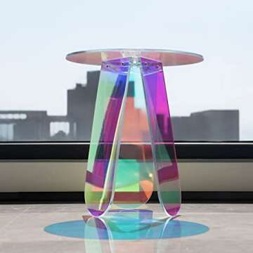 LapEasy Acrylic End Table, Iridescent Coffee Table Rainbow Side Table Round Bedside Tables Clear Night Stands for Living Room,Small Spaces, Bistro, Outdoors.