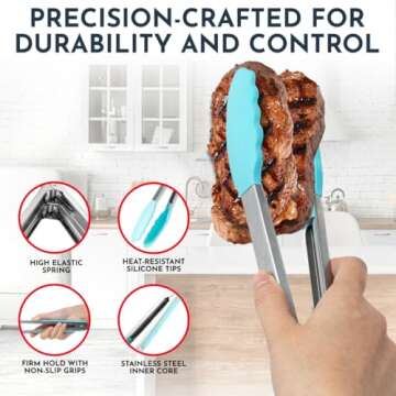 Kitchen Tongs for Cooking with Silicone Tips, Heat Resistant Tongs for Serving Food, 7-Inch, 9-Inch, 12-Inch Locking Silicone Tong, Set of 3 Salad Tong, Aqua Kitchen Utensils