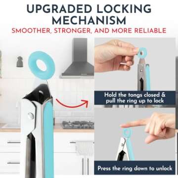 Kitchen Tongs for Cooking with Silicone Tips, Heat Resistant Tongs for Serving Food, 7-Inch, 9-Inch, 12-Inch Locking Silicone Tong, Set of 3 Salad Tong, Aqua Kitchen Utensils