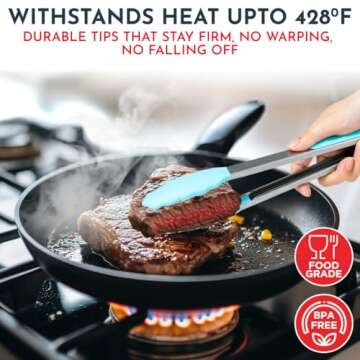 Kitchen Tongs for Cooking with Silicone Tips, Heat Resistant Tongs for Serving Food, 7-Inch, 9-Inch, 12-Inch Locking Silicone Tong, Set of 3 Salad Tong, Aqua Kitchen Utensils