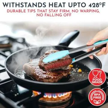 Kitchen Tongs for Cooking with Silicone Tips, Heat Resistant Tongs for Serving Food, 7-Inch, 9-Inch, 12-Inch Locking Silicone Tong, Set of 3 Salad Tong, Aqua Kitchen Utensils