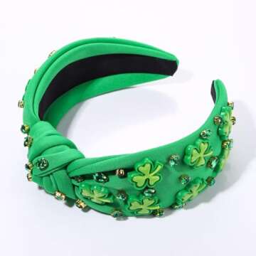 CEALXHENY Women's St. Patrick's Day Headband, Green Shamrock Embellished Crystal Rhinestone Knotted ...