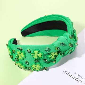 CEALXHENY Women's St. Patrick's Day Headband, Green Shamrock Embellished Crystal Rhinestone Knotted Headband, Irish Holiday Gifts (Shamrock 2)