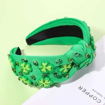 CEALXHENY Women's St. Patrick's Day Headband, Green Shamrock Embellished Crystal Rhinestone Knotted Headband, Irish Holiday Gifts (Shamrock 2)