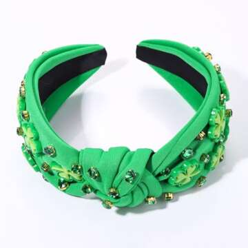 CEALXHENY Women's St. Patrick's Day Headband, Green Shamrock Embellished Crystal Rhinestone Knotted Headband, Irish Holiday Gifts (Shamrock 2)