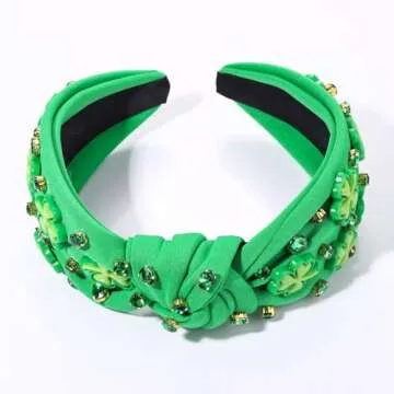 CEALXHENY Women's St. Patrick's Day Headband, Green Shamrock Embellished Crystal Rhinestone Knotted Headband, Irish Holiday Gifts (Shamrock 2)