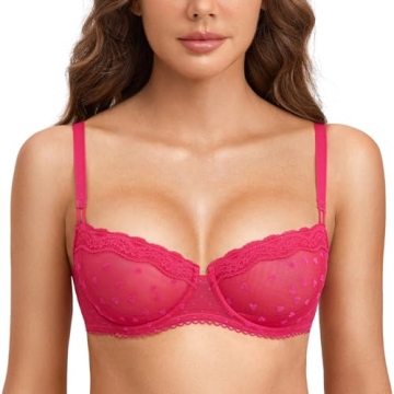 DOBREVA Women's Sexy Lace Bra Underwire Balconette Unlined Demi See Through Plus Size Bright Rose Do...
