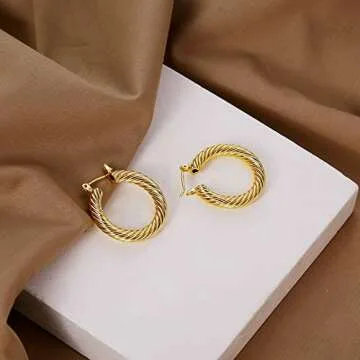 LILIE&WHITE Twisted Gold Hoop Earrings For Women Cute Gold Earrings Fashion Hypoallergenic earrings Costume Jewelry Gift Chunky Gold Hoops
