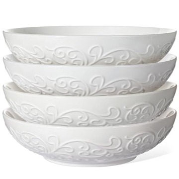 Artena Pasta Bowls 32oz, Ceramic Large Salad Bowls 8 inch, Embossed Soup Bowls Set of 4, White Servi...