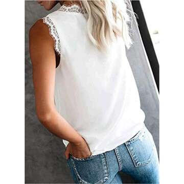 BLENCOT Women Lace Trim Tank Tops V Neck Fashion Casual Sleeveless Blouse Vest Shirts Small White