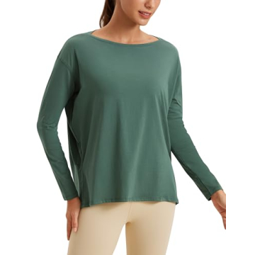 CRZ YOGA Pima Cotton Long Sleeve Workout Shirts for Women Loose Fit Athletic Yoga Shirt Casual Boat ...