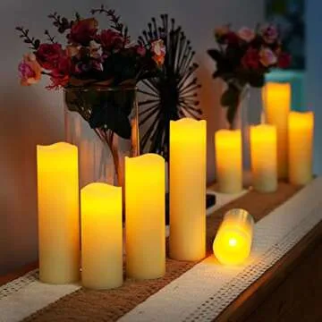 Homemory Flameless Candles Battery Operated LED Pillar Candles, Fake Candles, Electric Candles, Remote and Timer, Real Wax, Ivory, 4" 5" 6" 7" 8" 9", Set of 9, Unscented