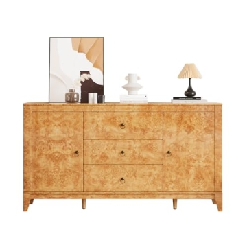 High Gloss Sideboard Buffet Burl Wood 60'' Cabinet Buffet Table with 3 Drawers & 2 Closed Storages, ...
