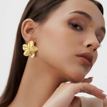 Gold Flower Studs Earrings - 14K Gold Plated Personality Big Floral Studs Earring,Stainless Steel Hy...