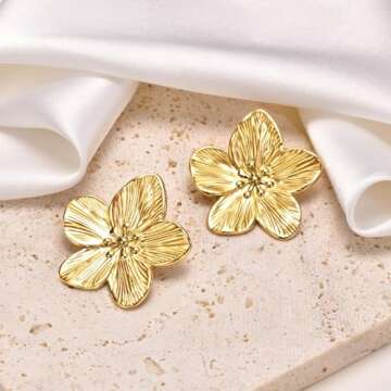Gold Flower Studs Earrings - 14K Gold Plated Personality Big Floral Studs Earring,Stainless Steel Hypoallergenic Ear Rings Trendy Jewelry,XMAS Valentine's Day Birthday Gifts for Her Girlfriend Sister